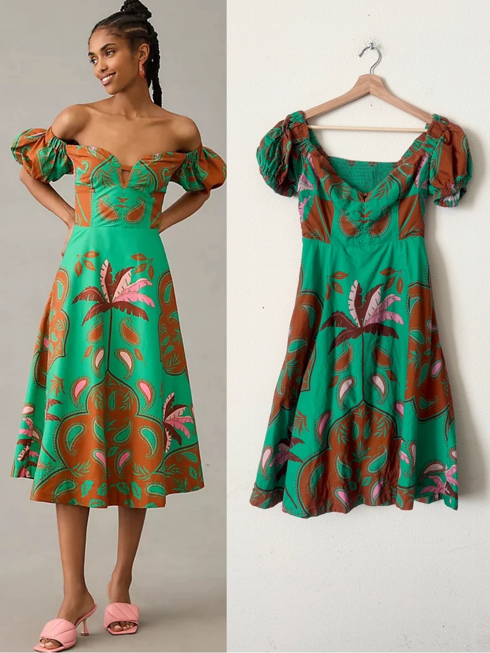 Anthropologie Maeve SIZE 10 Petite Puff Sleeve Sweetheart neck midi dress green
